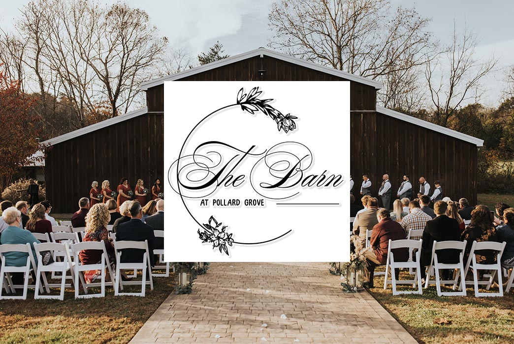 the barn at pollard grove logo overlaid on top of the barn where an outdoor wedding is taking place