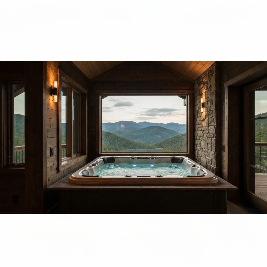 Luxurious cabin interior with hot tub and mountain views