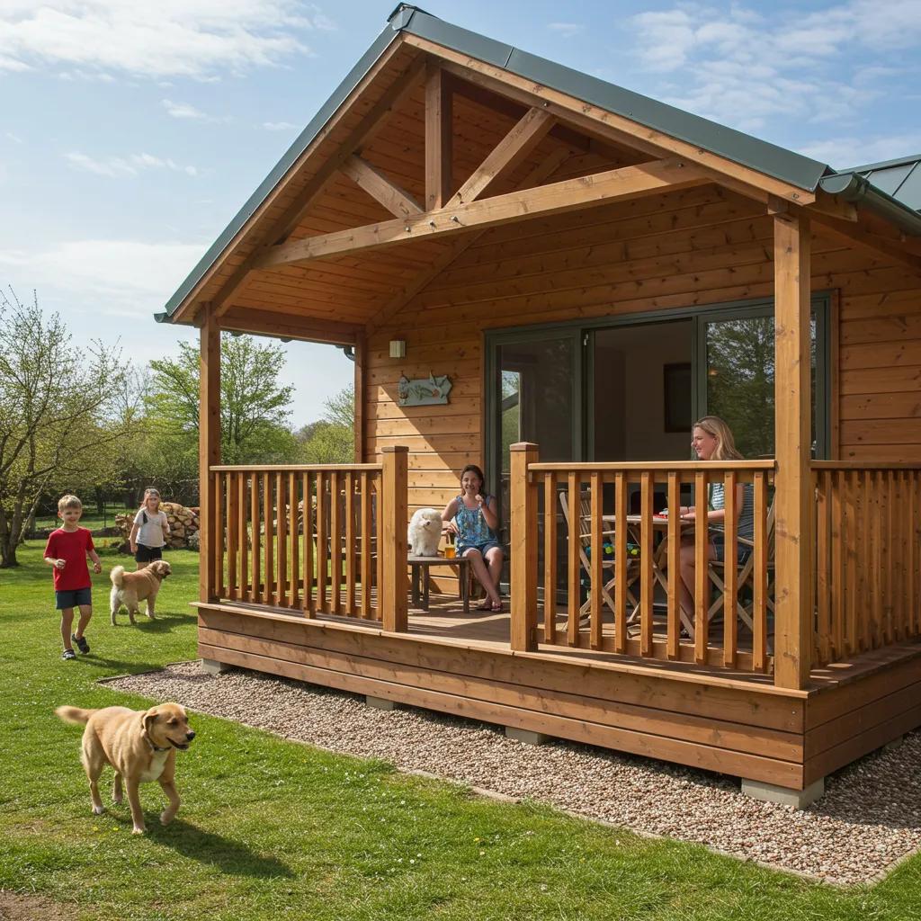 Family enjoying time in a pet-friendly cabin with a dog playing in the background