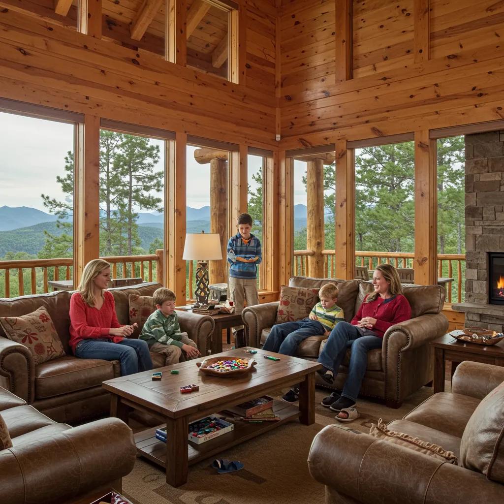 Family enjoying time in a spacious cabin living room with mountain views