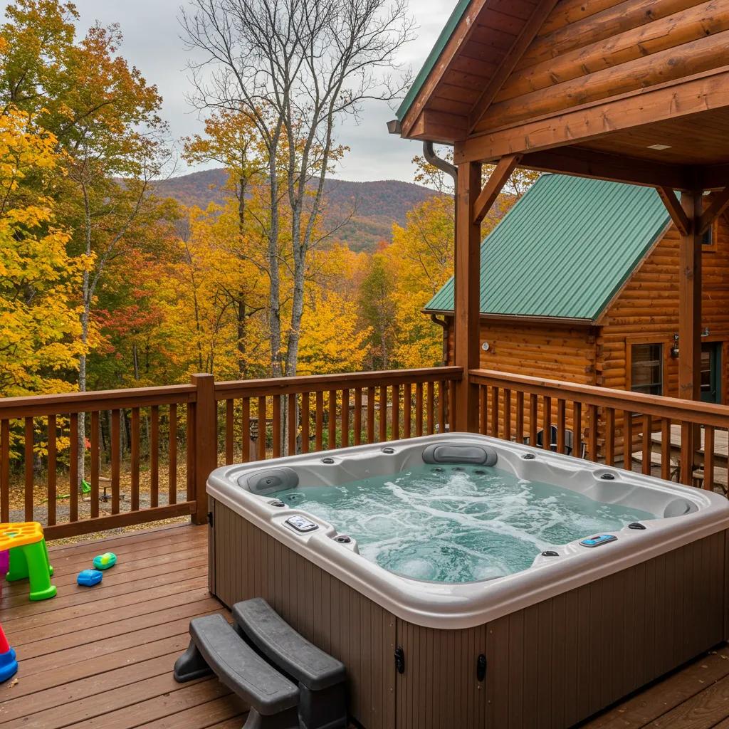 Family-friendly Pigeon Forge cabin with a hot tub and autumn scenery