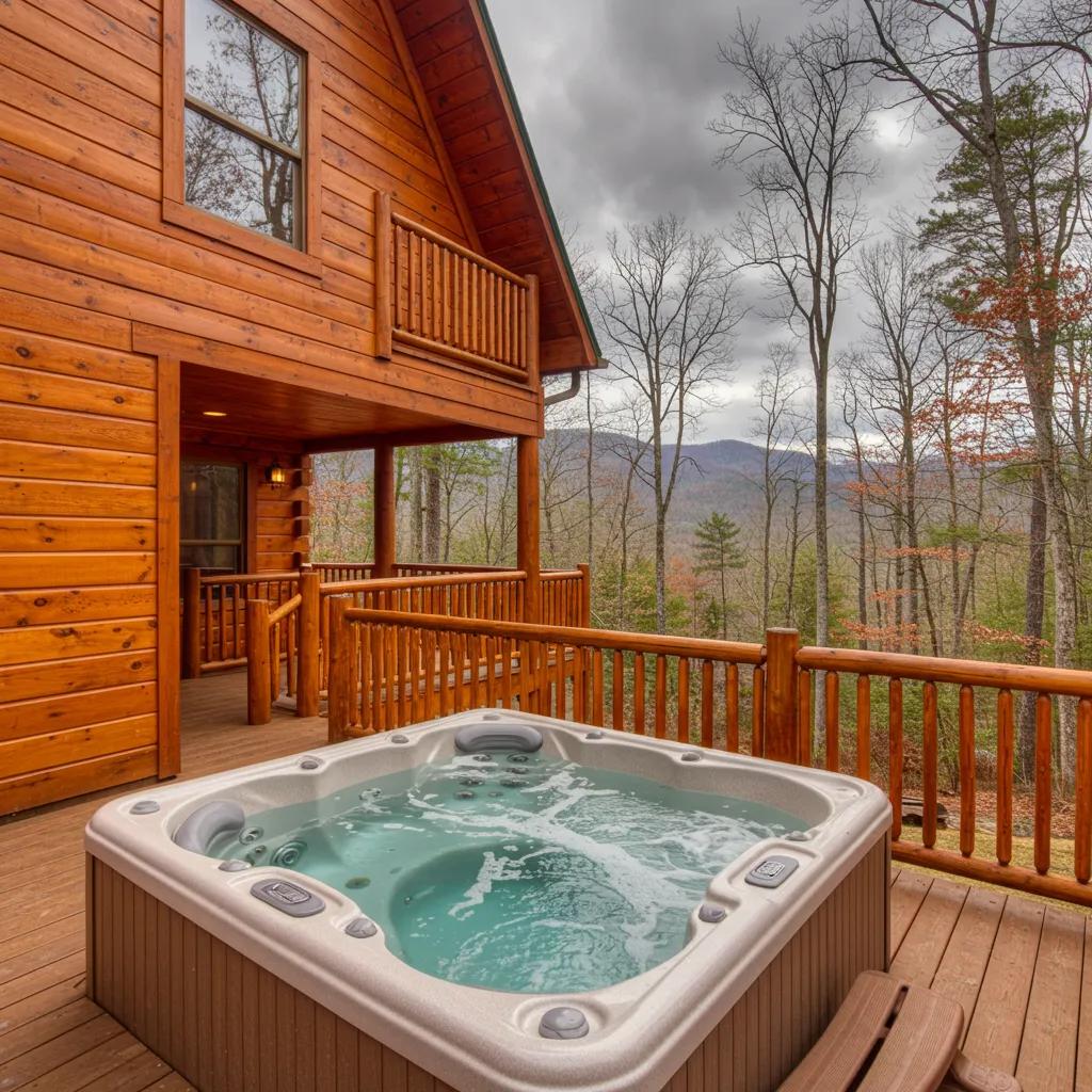 Gatlinburg cabin with a hot tub surrounded by Smoky Mountain scenery