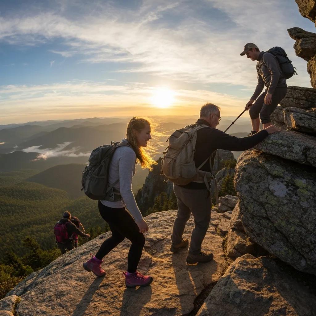 Hikers standing on a summit ridge with wide mountain views, capturing the thrill of tougher Smoky Mountain trails