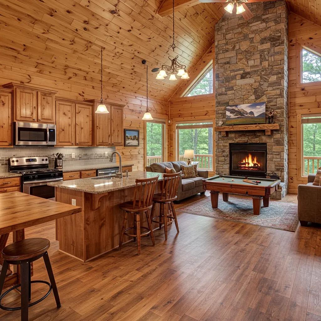 Interior of a luxury cabin showcasing a modern kitchen, cozy living area, and game room with pool table