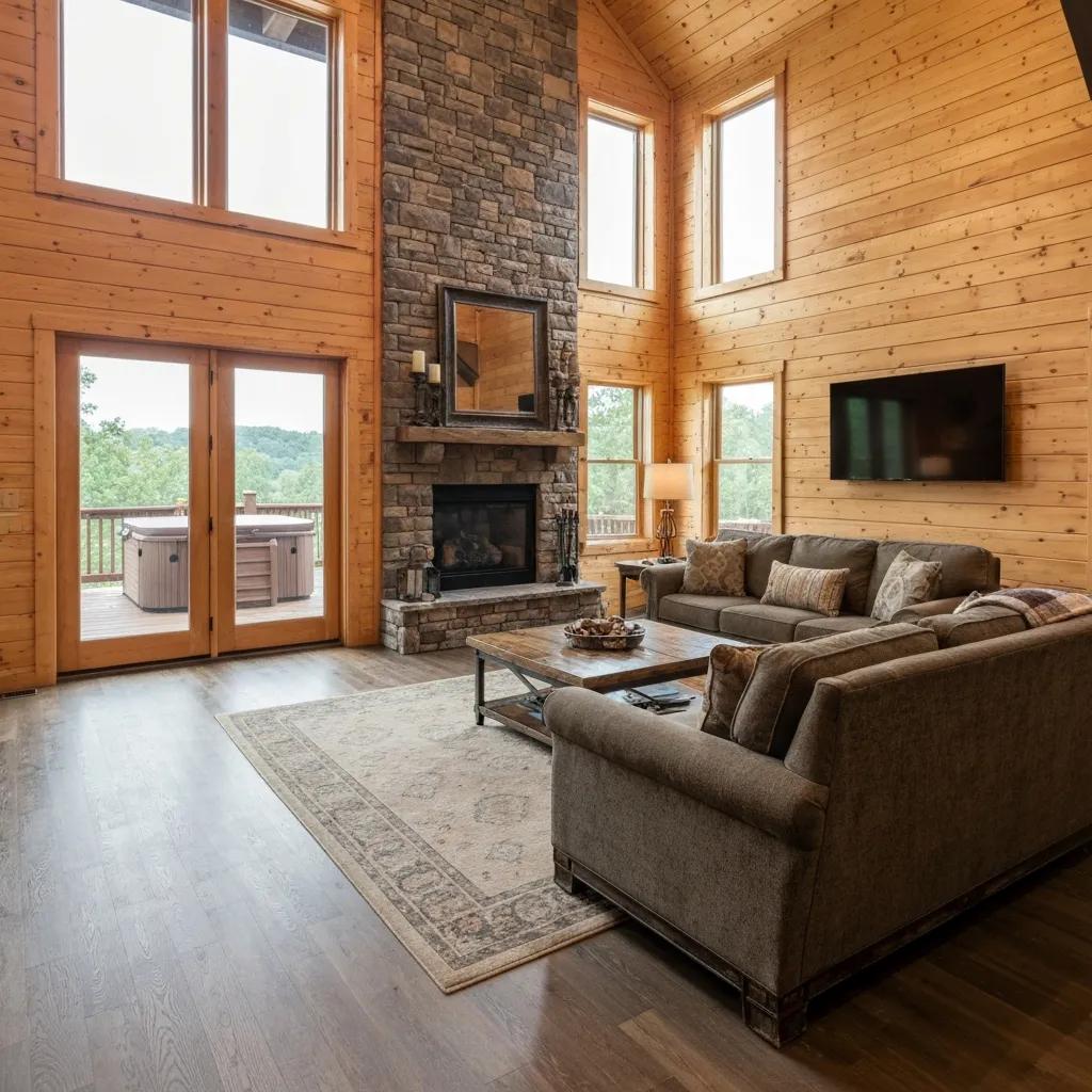 Luxurious cabin interior in Pigeon Forge with high-end furnishings and private hot tub
