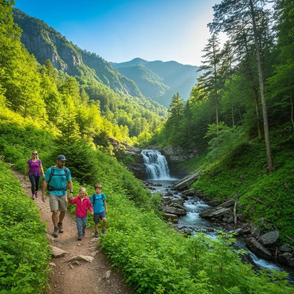 Scenic view of Smoky Mountains with hikers and a waterfall, highlighting family-friendly hiking experiences
