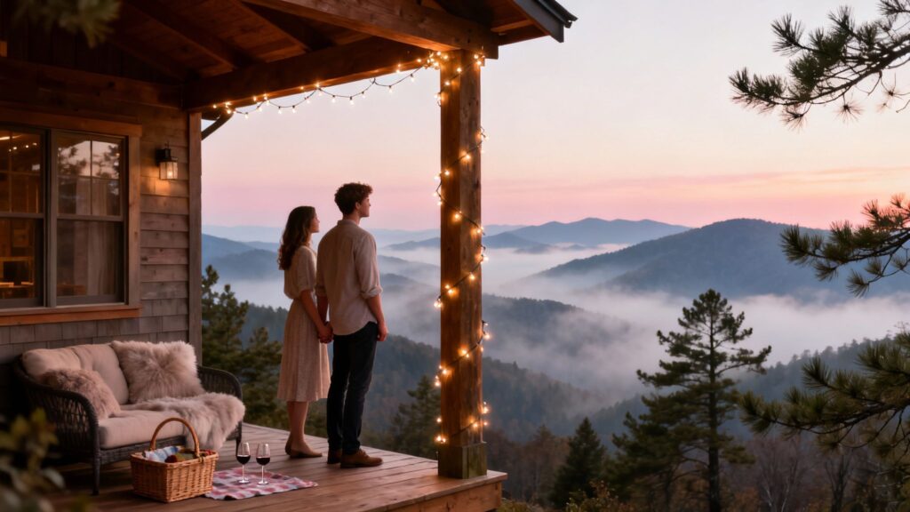 Couple enjoying a romantic sunset view from a mountain cabin porch, surrounded by scenic Smoky Mountains, emphasizing a cozy getaway atmosphere for anniversary trips.