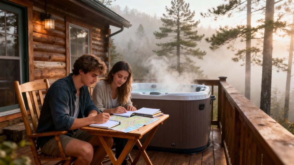 Couple planning a romantic getaway at a cabin, reviewing maps and notes with a hot tub in the background, surrounded by Smoky Mountain scenery.
