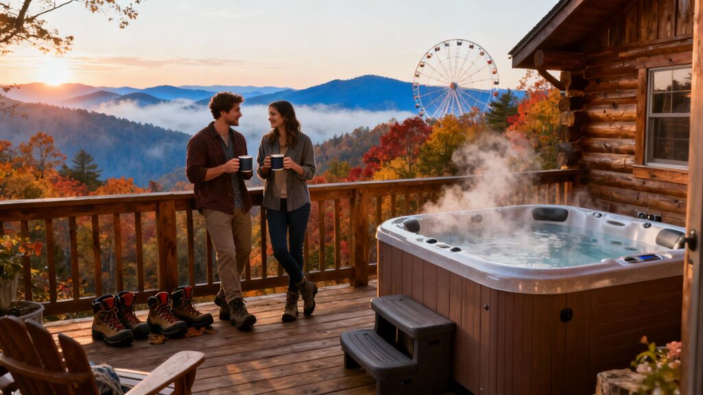 Couple enjoying coffee by a steaming hot tub on a cabin deck overlooking vibrant autumn mountains and a distant ferris wheel in Gatlinburg, Tennessee.