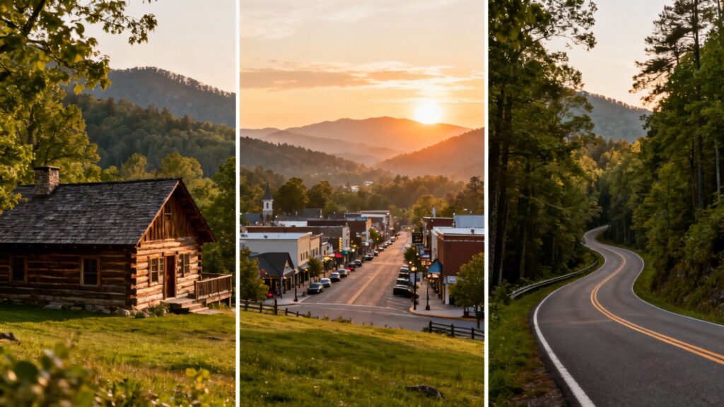 Scenic view of a rustic cabin, a sunset over mountains, a charming town street, and a winding road in the Smoky Mountains, highlighting attractions near Hemlock Hills Cabin Rentals.