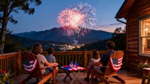 Family enjoying fireworks on the deck of a cabin in Gatlinburg, TN, with mountain views and American flags, celebrating the 4th of July.