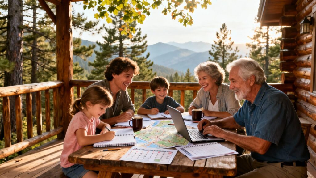 Family planning a reunion at a cabin in the Smoky Mountains, discussing maps and schedules, with a scenic backdrop of trees and mountains.