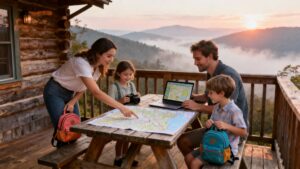 Family planning a vacation at a cabin in the Smoky Mountains, reviewing a map and using a laptop, with scenic mountain view at sunset.