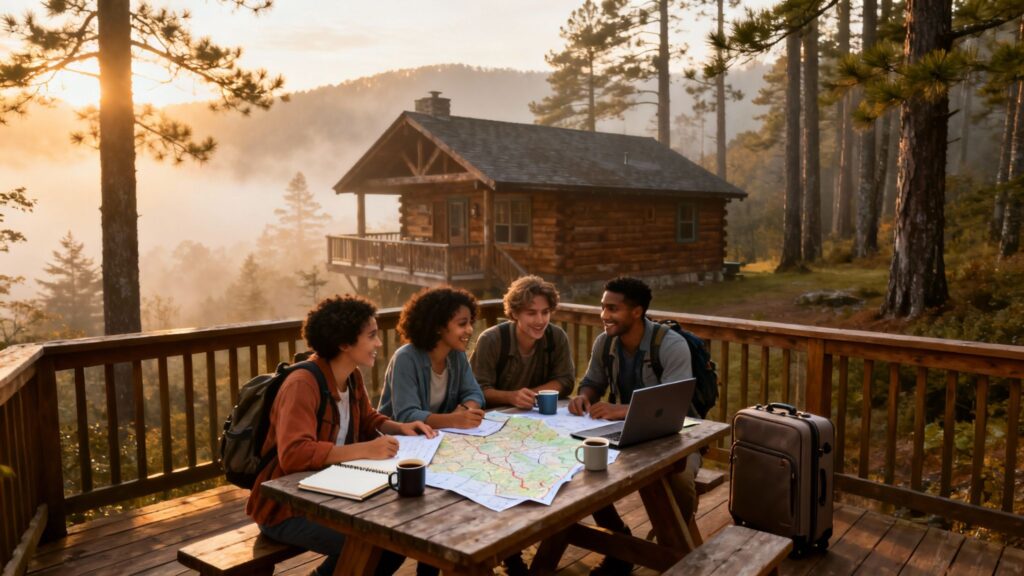 Group of friends planning a retreat around a map at a cabin in the Smoky Mountains, with backpacks and coffee cups, surrounded by trees and mountains.