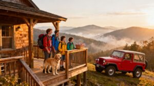 Family enjoying mountain views from a cabin porch in Gatlinburg, Tennessee, with a red jeep and dog, highlighting outdoor adventure and scenic beauty in the Smoky Mountains.
