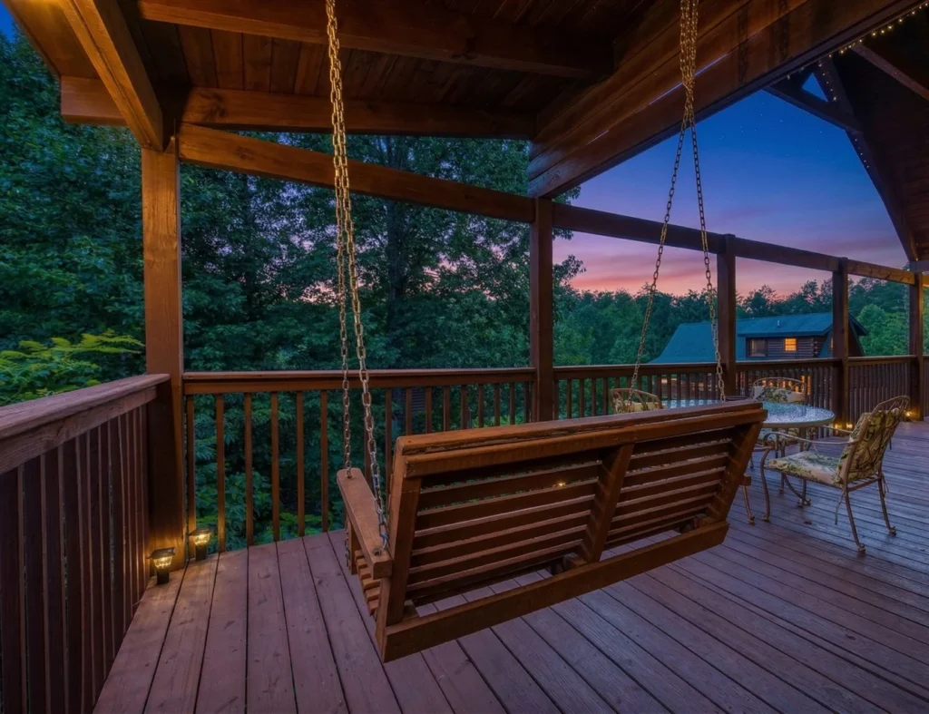 Rustic covered porch with wooden swing overlooking forested mountain sunset at best vacation rentals Gatlinburg