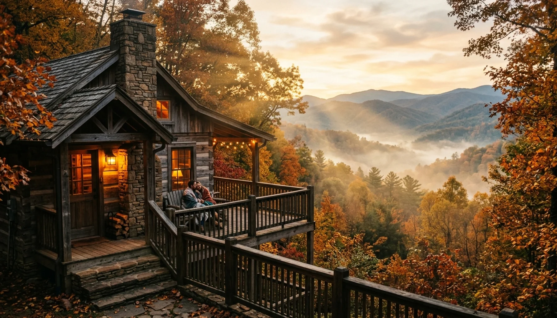Romantic cabin in Great Smoky Mountains during golden hour - perfect couples getaway in Gatlinburg TN
