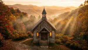 Rustic mountain chapel surrounded by Smoky Mountains at sunset, perfect wedding venue in Gatlinburg Tennessee