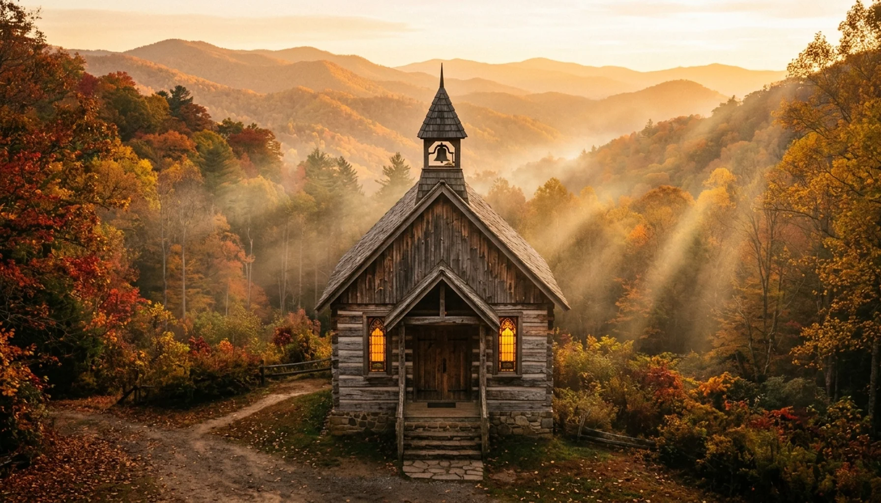Rustic mountain chapel surrounded by Smoky Mountains at sunset, perfect wedding venue in Gatlinburg Tennessee