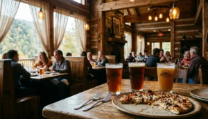 Two poured beers and pizza on a table inside a Dollywood park restaurant, answering are there bars at Dollywood.
