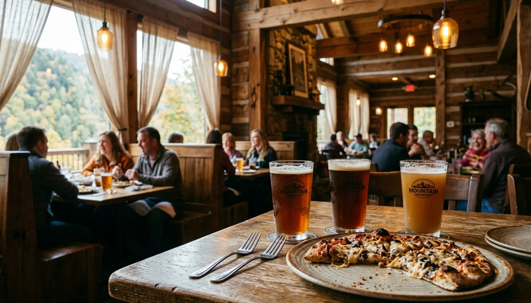 Two poured beers and pizza on a table inside a Dollywood park restaurant, answering are there bars at Dollywood.