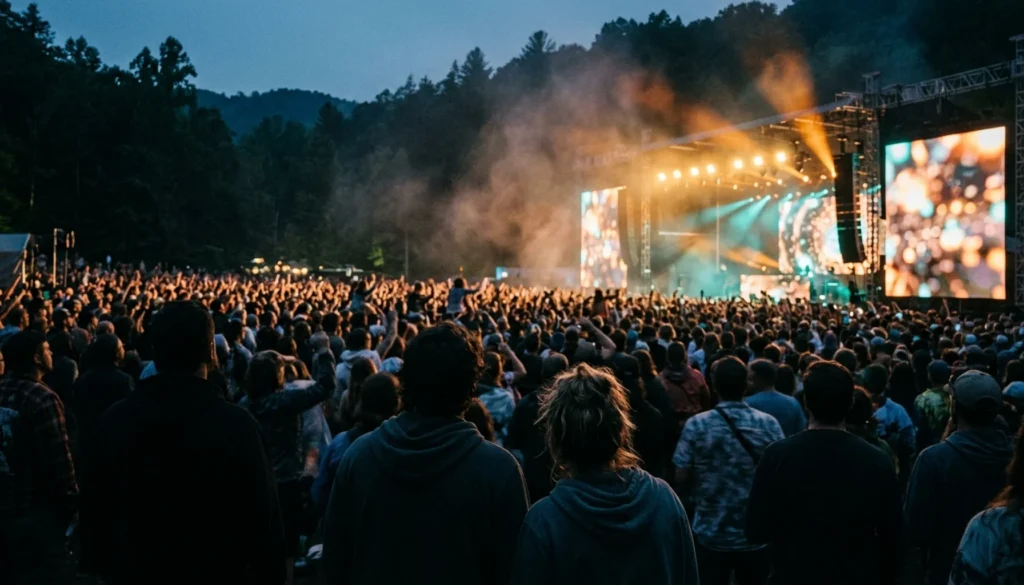 Silhouetted festival crowd at a Gatlinburg outdoor event &mdash; best time to go to Gatlinburg for fewer crowds and lower cabin rates.