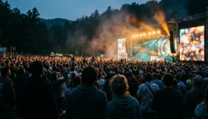 Silhouetted festival crowd at a Gatlinburg outdoor event — best time to go to Gatlinburg for fewer crowds and lower cabin rates.