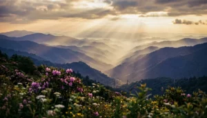 Misty layered mountains with wildflowers representing the best time to visit Great Smoky Mountains in spring and fall seasons