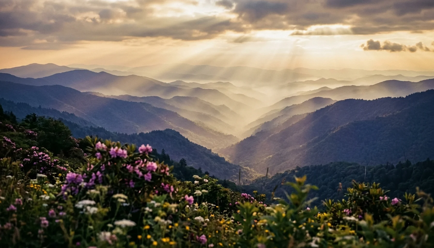 Misty layered mountains with wildflowers representing the best time to visit Great Smoky Mountains in spring and fall seasons