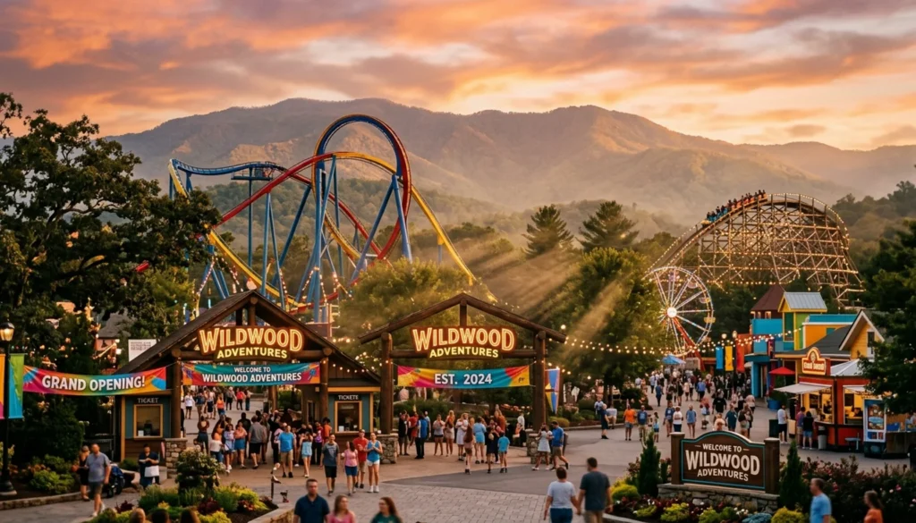 Vibrant amusement park entrance at golden hour with roller coaster silhouettes, perfect for Dollywood opening day 2026 content