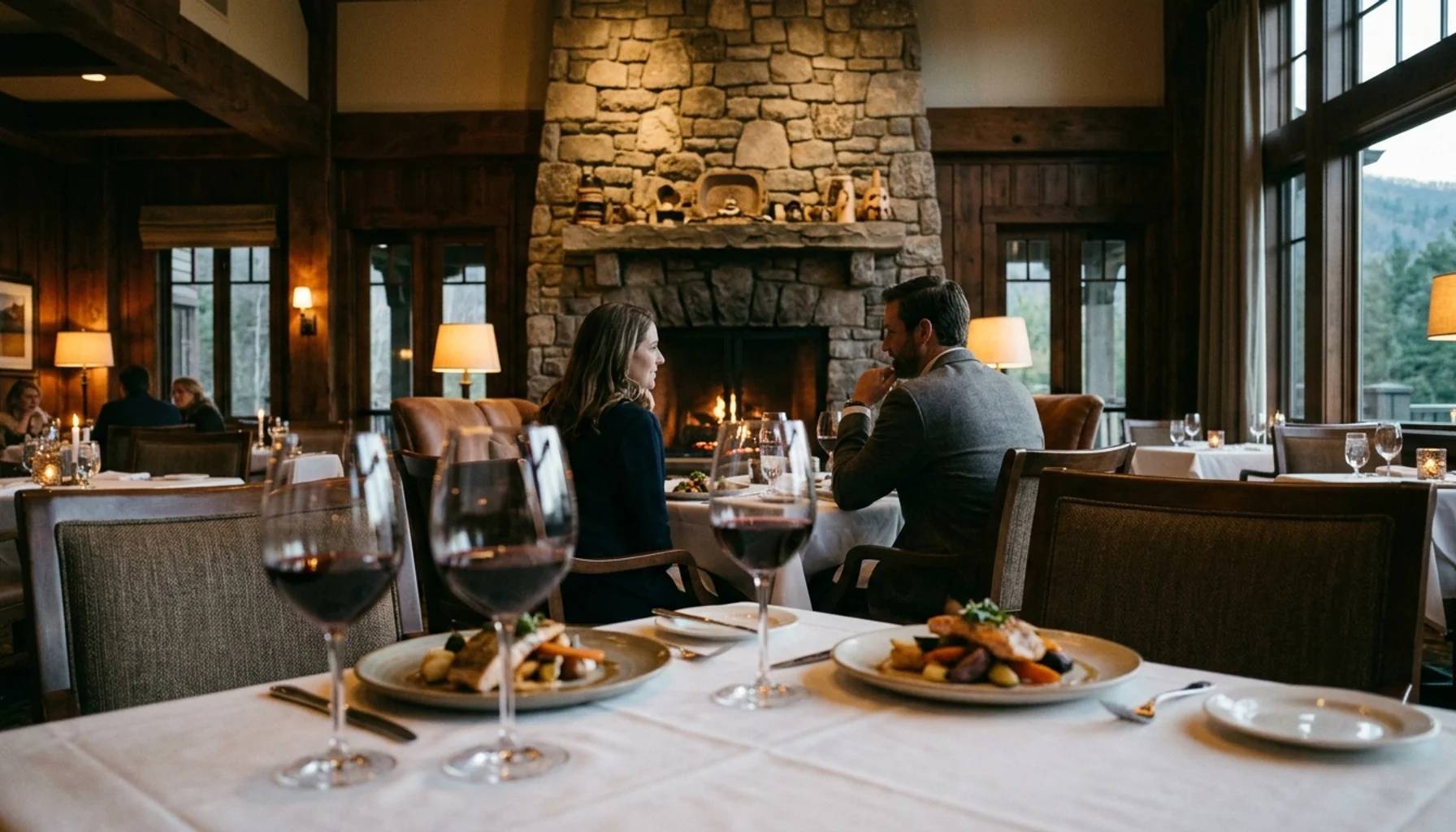 Fine dining Pigeon Forge TN restaurant interior with wine glasses and plated entrees at a candlelit table near a stone fireplace