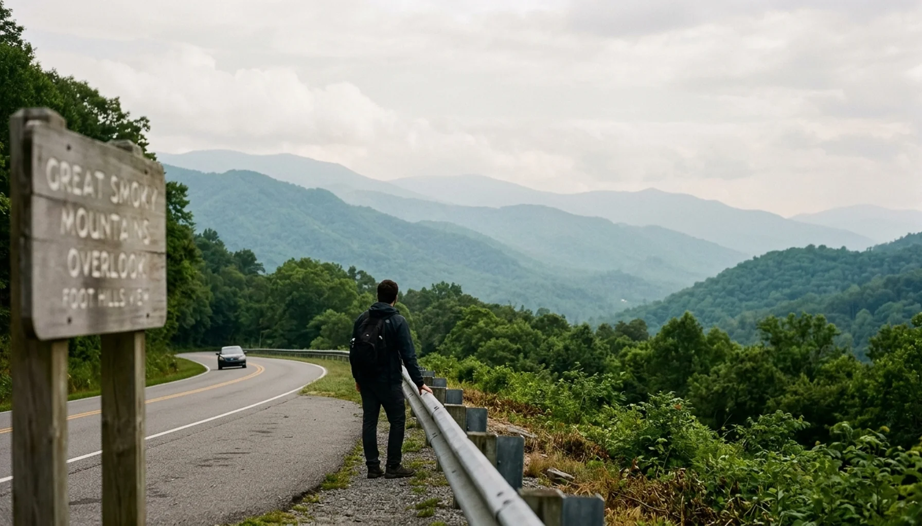 Smoky Mountain ridgeline view from a Tennessee highway pullout, relevant to choosing between Gatlinburg vs Pigeon Forge vs Sevierville