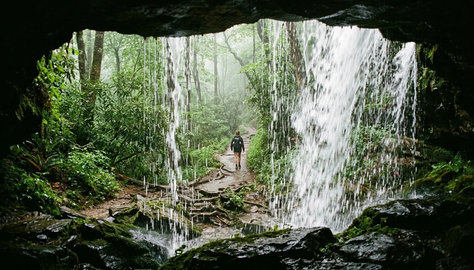 View from behind Grotto Falls waterfall in Great Smoky Mountains, looking out through the cascade toward the forested Trillium Gap Trail