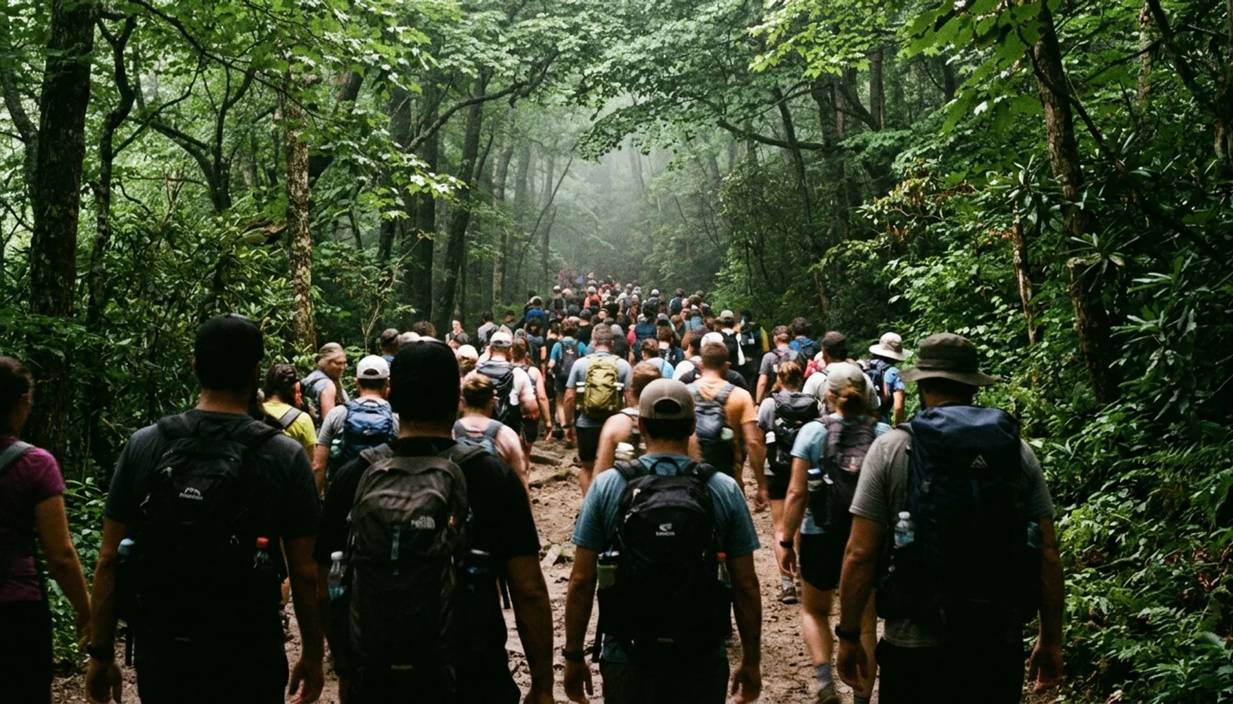 Crowded hiking trail near Grotto Falls in the Smoky Mountains with silhouetted hikers packed along a forested path.