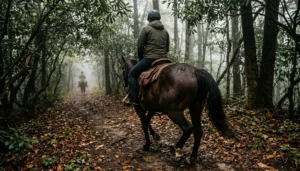 Rider on horseback from behind on a misty forest trail near Pigeon Forge, TN &mdash; horseback riding Pigeon Forge guide