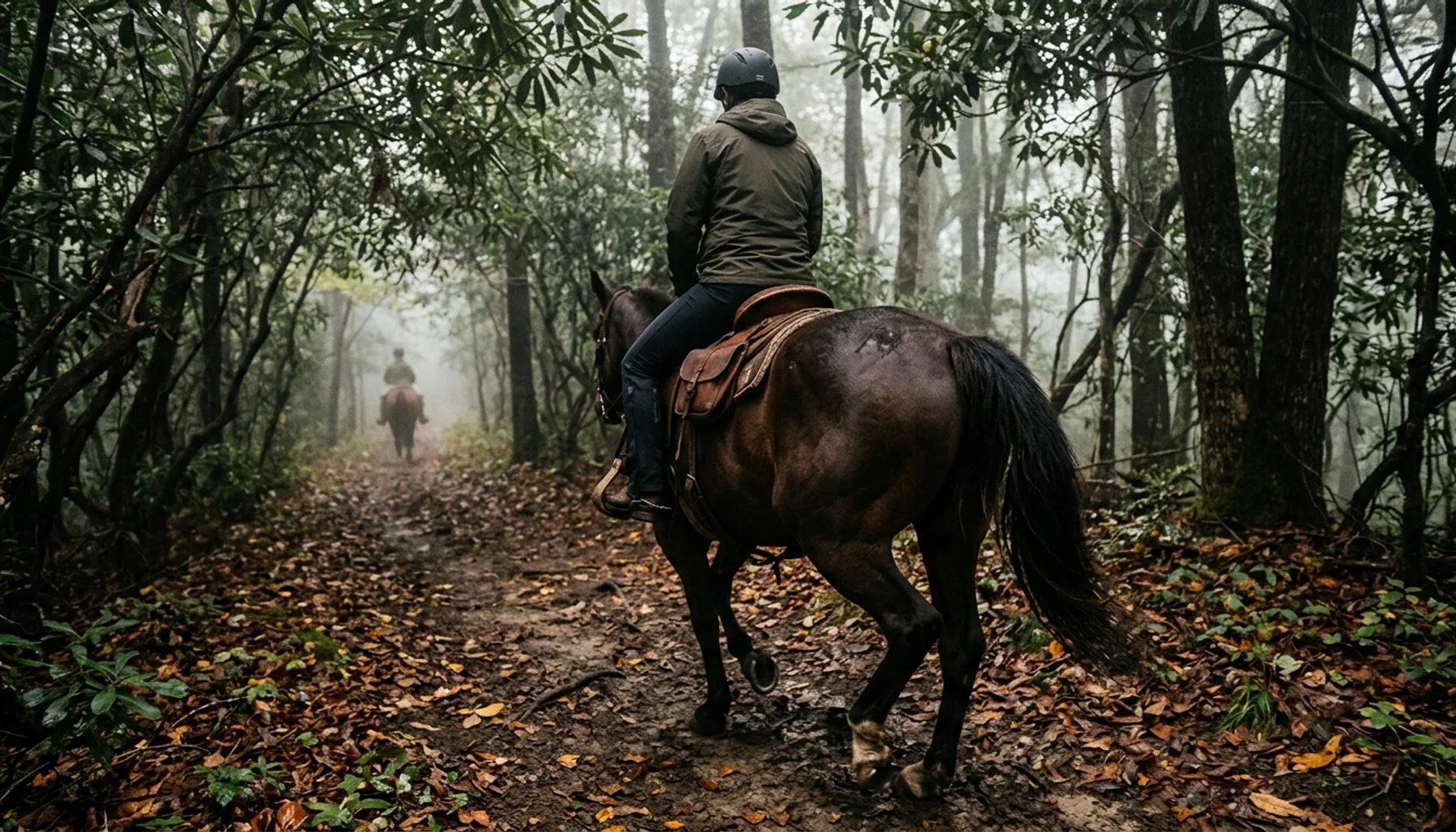 Rider on horseback from behind on a misty forest trail near Pigeon Forge, TN &mdash; horseback riding Pigeon Forge guide