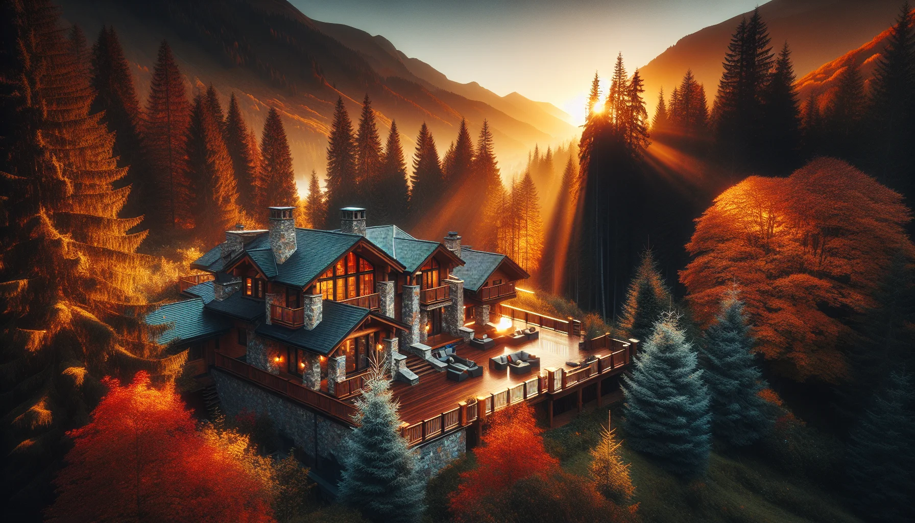 Luxury mountain cabin in Sevierville, TN surrounded by autumn trees at golden hour