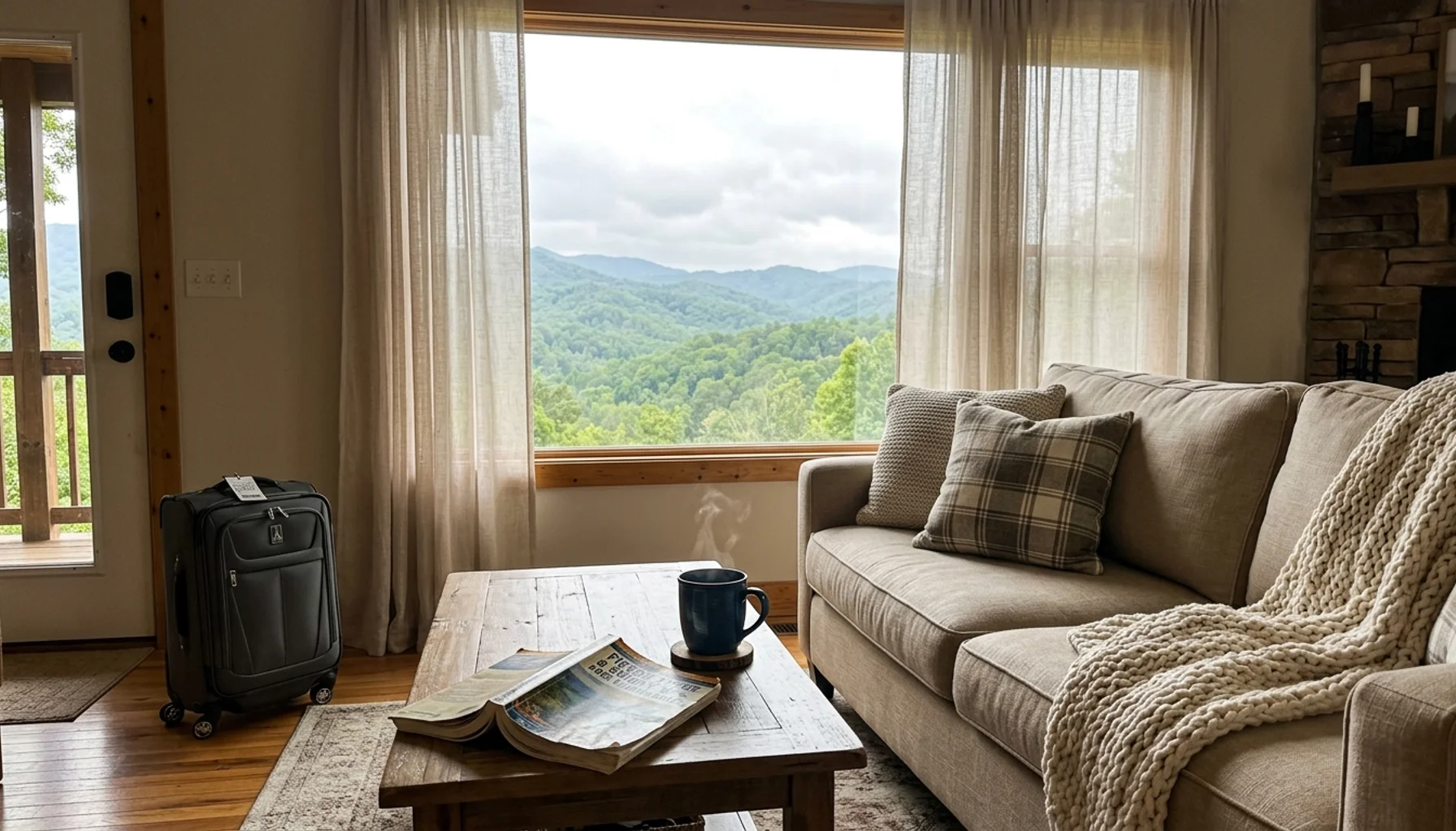 Cozy Sevierville TN vacation rental living room with Smoky Mountain view and guidebook &mdash; things for families to do in Pigeon Forge TN