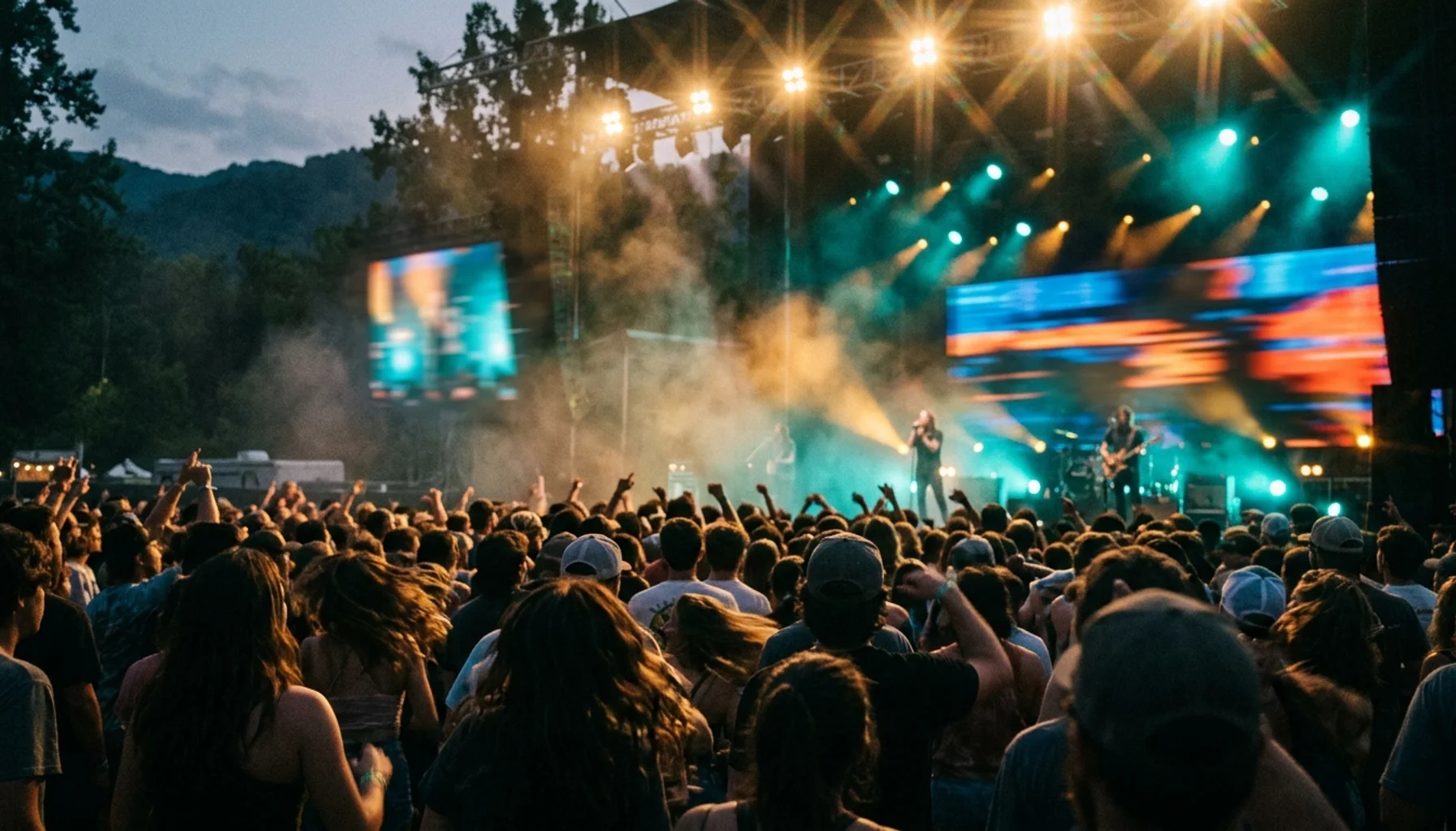 Couples at an outdoor evening music event in Gatlinburg TN, silhouetted crowd under stage lights &mdash; things to do in Gatlinburg TN for couples