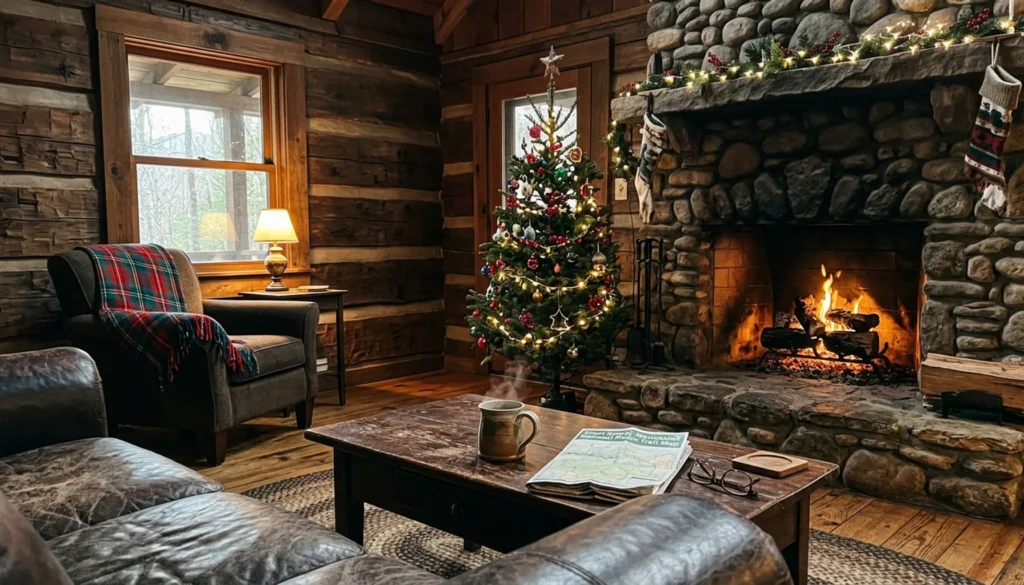 Cozy Smoky Mountains cabin living room decorated for Christmas with a lit tree and stone fireplace &mdash; cabins for Christmas