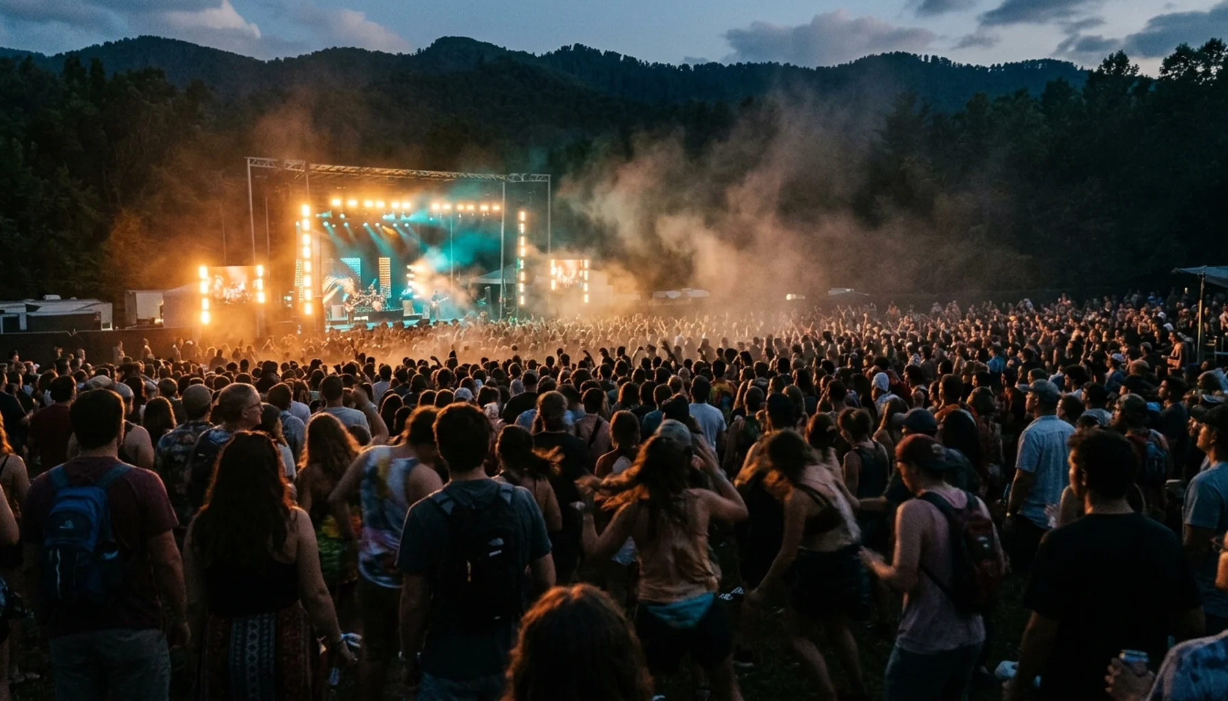 Crowd silhouettes at an outdoor concert near the Smoky Mountains, a family vacation Smoky Mountains destination in Sevierville TN