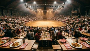 Inside a Gatlinburg dinner show arena with banquet tables set for guests before the performance begins