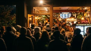 Crowd of diners waiting outside a busy Gatlinburg restaurant on a fall evening, silhouetted against warm amber interior light