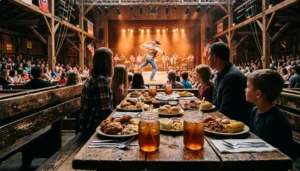 Hatfield and McCoy Dinner Show banquet table with fried chicken, pulled pork, and mason jar drinks in Pigeon Forge, TN