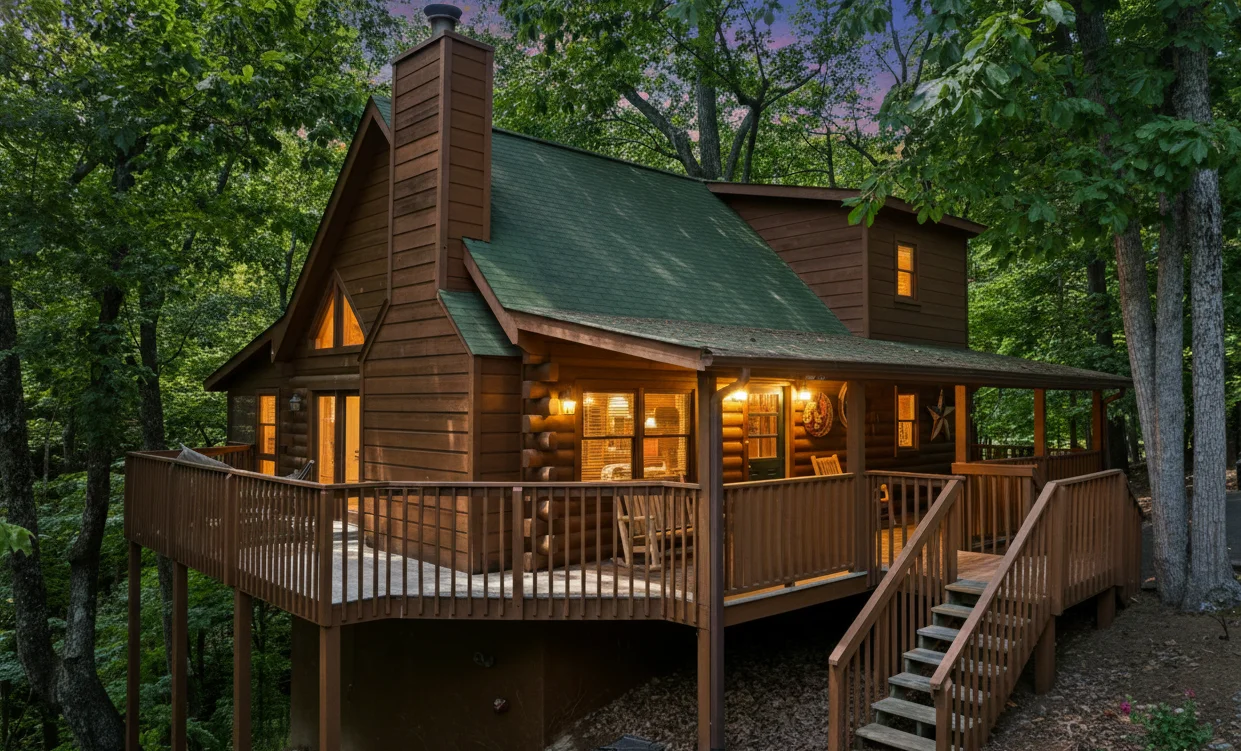 Log cabin exterior with glowing windows and wraparound deck nestled in forest for Gatlinburg cabin rentals