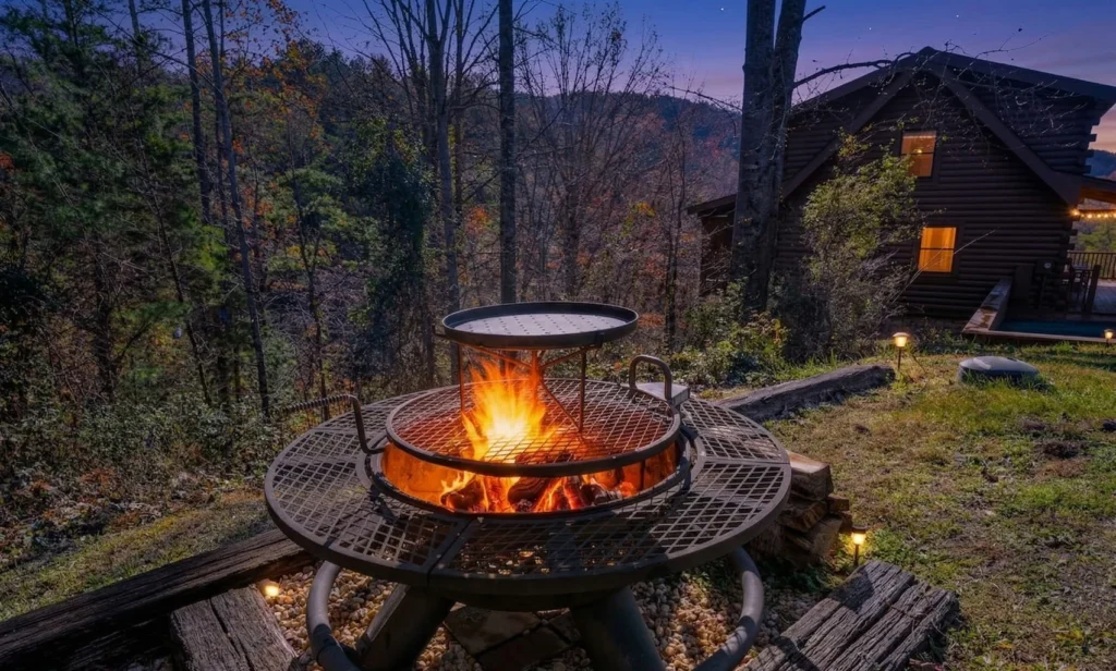 Two-tier fire pit on wooden deck with log cabin in Pigeon Forge forest setting at twilight