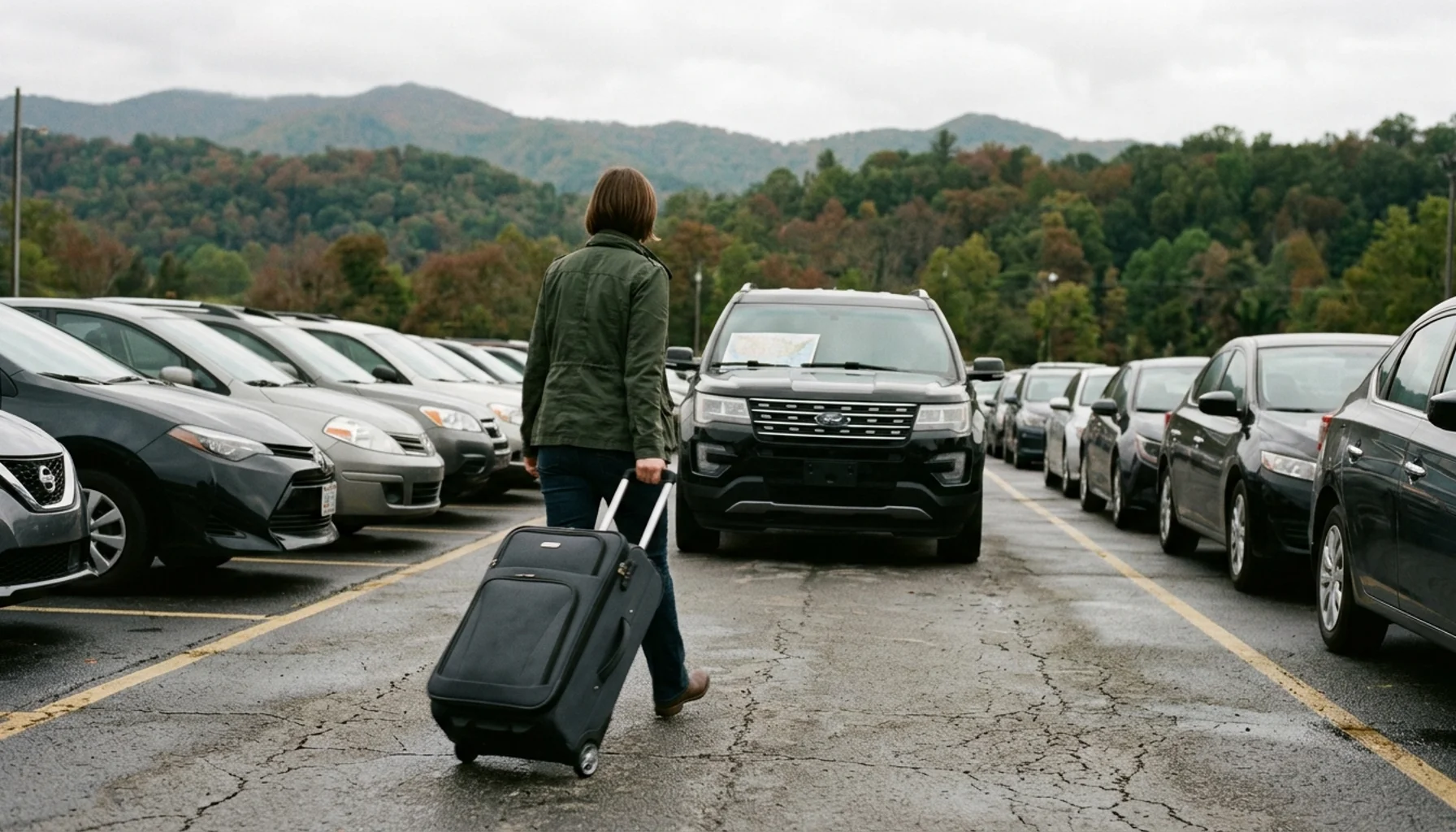 Traveler walking toward SUV at Knoxville airport rental lot &mdash; how far is Knoxville airport from Gatlinburg drive begins