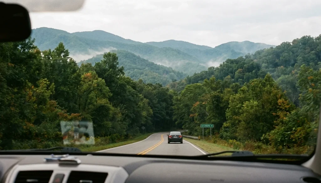Two-lane road from Pigeon Forge toward Smoky Mountains under overcast sky, showing how far Pigeon Forge is from the Smokies