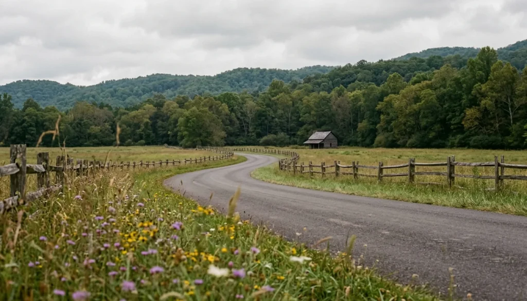 Cades Cove Loop Road winding 11 miles through a Tennessee valley with split-rail fences and historic cabins in Great Smoky Mountains