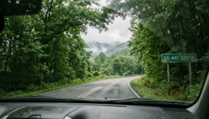 US-441 South highway through green Appalachian foliage near Gatlinburg TN, the primary route on how to get to Gatlinburg TN